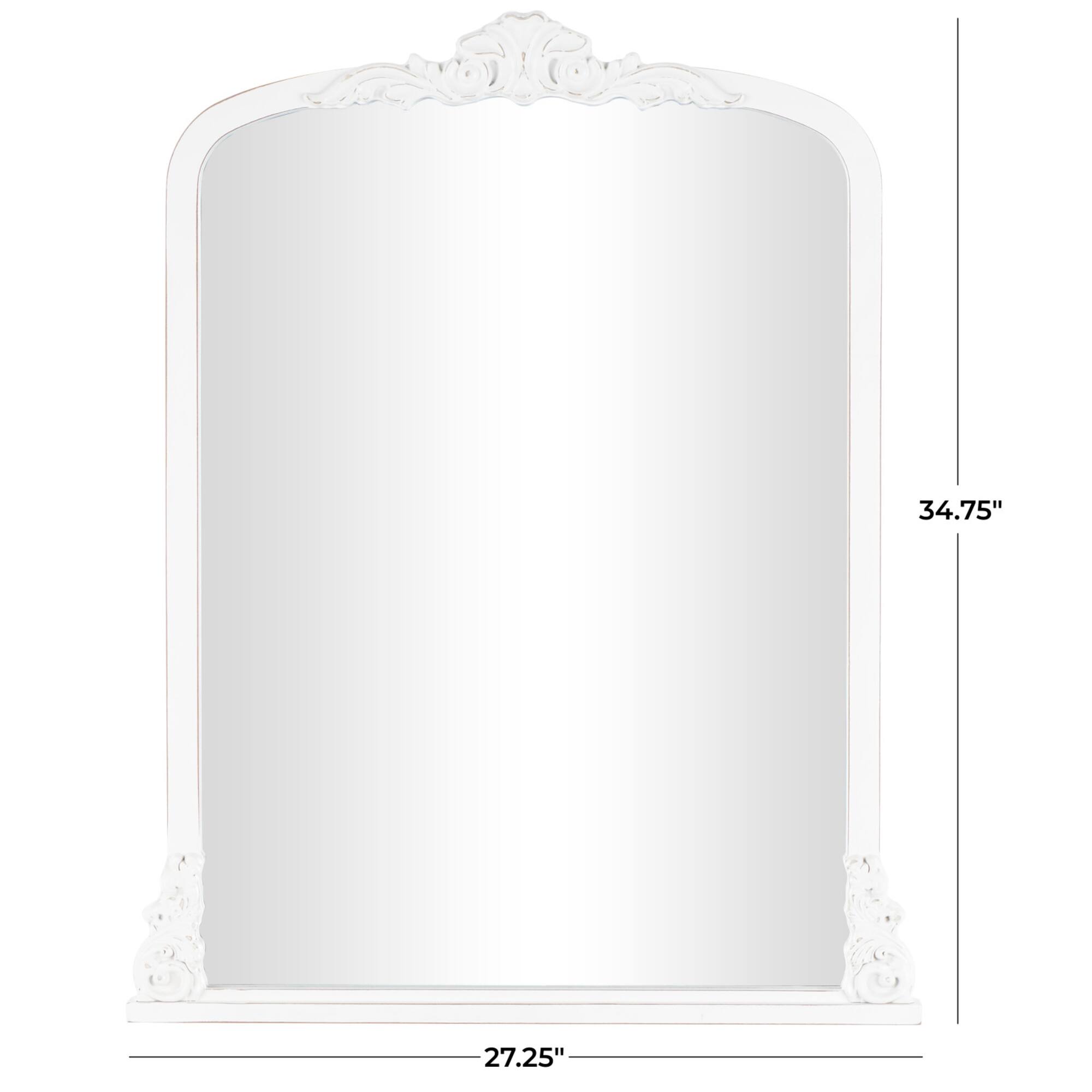 27" x 35", White Wooden Arched Wall Mirror with Scroll Details